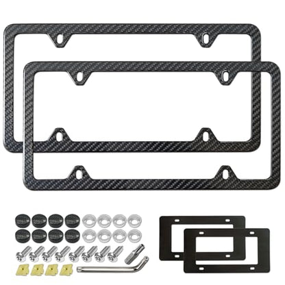 Aootf Carbon Fiber License Plate Frames- 100% Real Carbon Cloth Wrapped Stainless Steel Car Tag Holder, 2 Pack Slim Edge Black Covers with Anti Theft Screws Caps, 4 Hole - style: Slim Edge-4 Hole