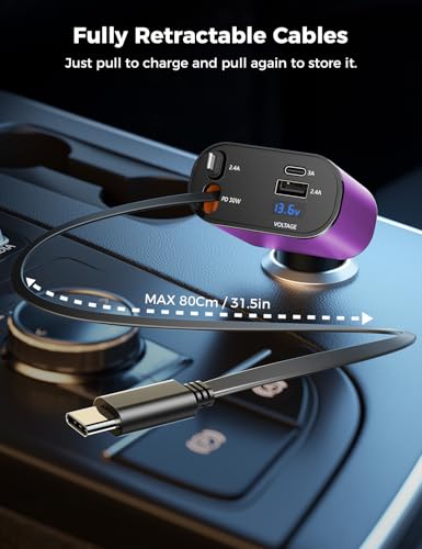 SUPERONE 【Upgraded】 Retractable Car Charger 4 in 1, Fast Car Phone Charger with Cord 2.6ft, USB C and Apple Car Charger Adapter, Compatible with iPhone 17/16/15/15 Pro Max/14/13/12/11, Galaxy, Pixel - color: Purple