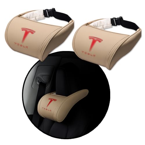 Car Headrest Neck Pillow Support Ergonomic, with Valve Stem Covers Accessory for Driving Seat Fatigue Relief Compatible with Model S X 3 Y & Cybertruck - 2 Pieces - color: D. Beige Ver. 2