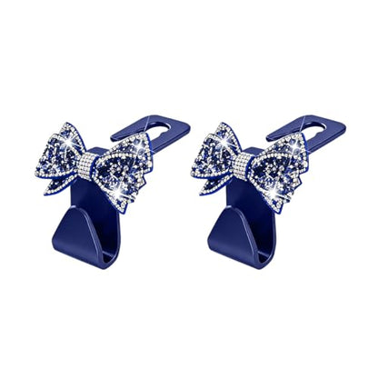 Zpana Bling Car Headreat Hook, 2PCS Crystal Rhinestone Cute Bow Vehicle Seat Back Hanger Storage for Purses Bags Grocery, Diamond Auto Rear Seat Organizer, Universal for SUV Truck Sedan (Blue) - style: Blue/2PCS