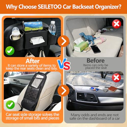Back Seat Car Organizer with Car Seat Storage Hanging Bag, 4 in 1 Multifunctional Car Seat Back Storage Box, Car Organizer Back Seat with Tray, Hold Phone,Snacks, Drinks, Handbag