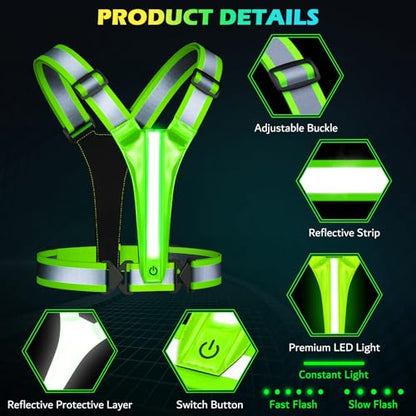 Led Light Up Running Vest Reflective Vest for runners night walking, Rechargeable Reflective Running Vest High Visibility - color: Green