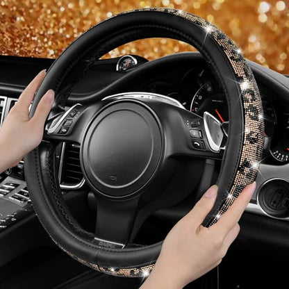 CAR PASS Bling Diamond Steering Wheel Cover Leopard Pattern, Sparkly Crystal Glitter Rhinestones Black Leather Wheel Protect for Women Girl Fit Suvs,Vans,Sedans,Cars,Trucks, 14" 1/2-15" Gold Leopard - color: Leopard Diamond
