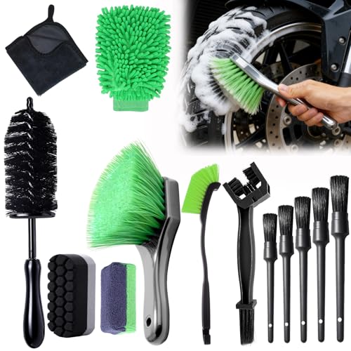 13PCS Motorcycle Cleaning Kit, Motorcycle Detailing Kit Overall Cleaner Tools Car Washing Brush Rims Cleaning Kit Chain Tire Wheel Brush Set Chain Tire for Car Bike Motorbike