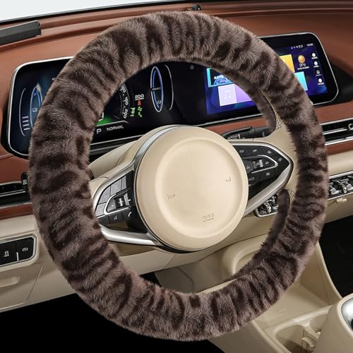 Fluffy Cheetah Car Steering Wheel Cover Luxurious Faux Fur Leopard Print Cute Wheel Protector Universal 15 Inch Fit for Vehicle, Car, Auto, SUV Winter Warm (Brown) - color: Brown