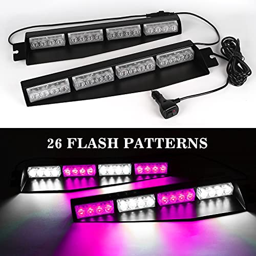 ASPL 32LED Visor Lights 26 Flash Patterns Windshield Emergency Hazard Warning Strobe Beacon Split Mount Deck Dash Lamp with Extend Bracket (Purple/White/Purple/White) - color: Purple/White /Purple/White