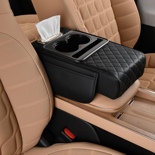 Car Armrest Cushion,5-in-1 Center Console Cover with 2 Storage Bags Cup Holder, Tissue Box Slot, Phone Slot for Sedans, Car Accessories Interior Organizers (Black) - color: Black
