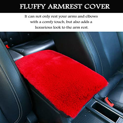 Fluffy Furry Armrest Cover for Car, Auto Center Console Pad, Soft Wool Fur Protector, Universal Fit for Most Vehicle, SUV (Red) - color: Red