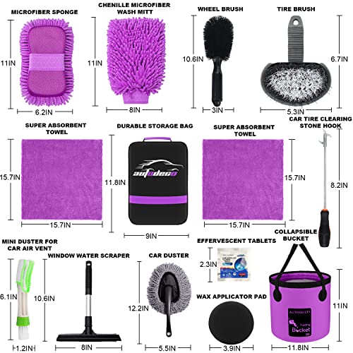 22Pcs Car Wash Cleaning Tools Kit Car Detailing Set with Canvas Bag Purple Collapsible Bucket Wash Mitt Sponge Towels Tire Brush Window Scraper Duster Complete Interior Car Care Kit - color: Purple