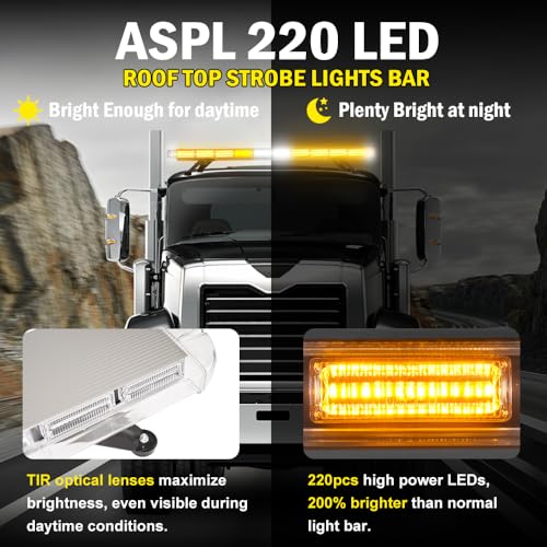 ASPL 46 inch 220 LED Rooftop Low Profile Strobe Light Bar Emergency Warning Beacon Car Hazard Flashing Construction Roof Lights Bars for Trucks Tow Automotive Construction Vehicle (Amber/White/Amber - color: Amber/White/Amber
