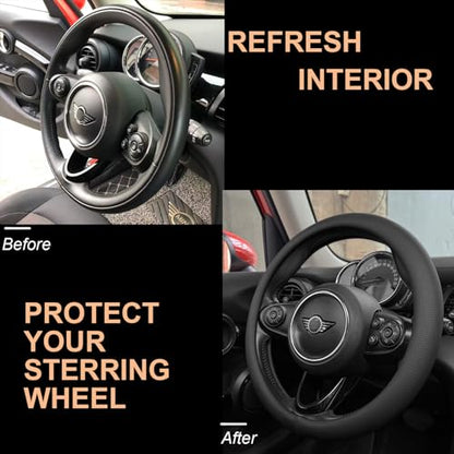 PINCTROT Nappa Leather Steering Wheel Cover, Slim Fit No Bulk Design, One Piece Leather with Breathable Perforation, Fit Like Gloves, Universal 14.5-15 Inch(Nappa Black) - color: 01.Black, size: Medium(Standard) Size[14 1/2''-15'']