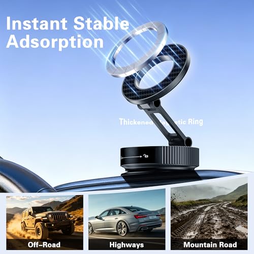 Vacuum Suction Magnetic Car Phone Holder for MagSafe, 360° Adjustable Suction Cup Phone Mount for Car, Cell Phone Holders for Your Car/Gym/Mirror for iPhone & Android (Carbon Fiber)