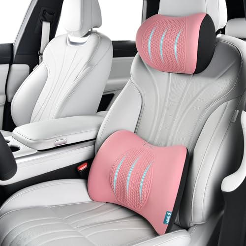 FLORICH Lumbar Support with Car headrest Back Pillow for Chair Headrest Pillow with Gel Memory Foam Massage Point Memory Foam Back Pillow for Office Chair(Light Pink) - color: Light Pink, size: Lumbar+headrest