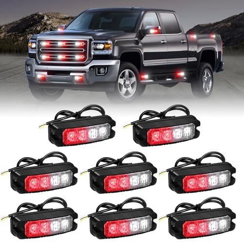 XRIDONSEN 8PCS Sync Grill Emergency Lights 32 LED Red White Firefighter Lights Grille Surface Mount Strobe Flashing Warning Safety Hazard First Responder Light for Vehicles POV Fire Fighter Trucks - color: Red/White