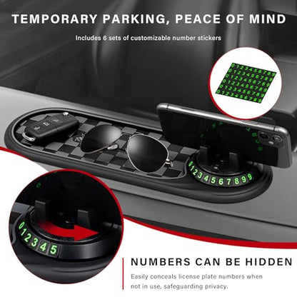Sun Walker Multifunction Car Anti-Slip Mat, 3-in-1 Dashboard Pad Rotatable Phone Holder with Temporary Parking Number, Large Car Storage Mat Phone Mount for Phones Sunglasses Keys (Black & White) - color: Black & White