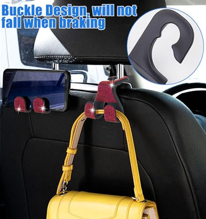 Bling Car Purse Hooks 2Pcs, Durable Car Headrest Hook, Holds 44Lbs, Double-Hooks, Wide-Opening, Rhinestone Automobile Purse Hangers Holder, Bling Car Accessories for Women, Red - color: Bling Red
