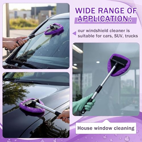 FoldTier 8 Pcs Car Windshield Cleaner Kits with Extendable Handle, 5 Microfiber Towel Pads, 1 Brush, 1 Empty Spray Bottle for Auto Glass Wiper Suvs Rvs & Home Windows(Purple) - color: Purple