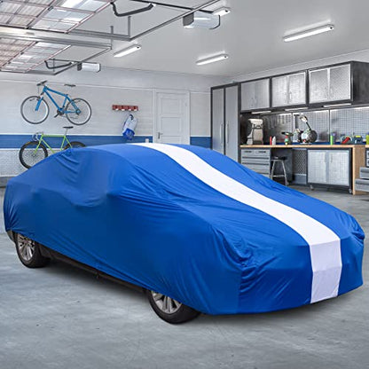 Favoto Car Cover Dustproof Sedan Indoor Stretch Cover Universal Fit 177-193 Inch Automobiles Full Car Cover with Storage Bag Breathable Windproof All-Weather Auto Vehicle Cover (Blue-Upgraded) - color: Blue-Upgraded