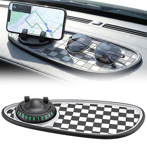 2026 New Multifunction Car Anti-Slip Pad, 360° Rotatable Phone Holder Dashboard Pad with Hidden Parking Number Plate, Car Anti Slip Pad Phone Holder for Phone Keys Sunglasses (White) - color: White