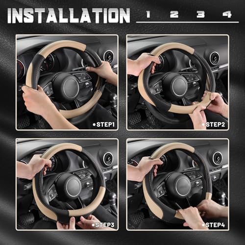 SEG Direct Car Steering Wheel Cover for Prius Civic Model 3 Model Y Camaro, Small Size 14-14.25 inch, Black and Beige Microfiber Leather - color: Black and Beige, size: Small size[14''-14 1/4'']