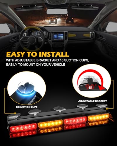 HLauto 604N Emergency Dash Strobe Lights: 2x16.8 inch Amber Red Security Light w/Take Down, 48 LED Safety Flashing Warning Hazard Interior Windshield Light Bar for Trucks Vehicles - color: #04 Amber / Red
