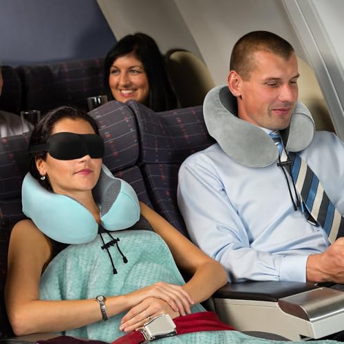urnexttour Travel Pillow and Blanket Set Neck Pillows Soft Blankets with Sleep Mask Travel Essentials for Airplane Car Memory Foam Blue Green - color: B-blue Green