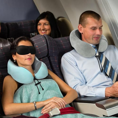 urnexttour Travel Pillow and Blanket Set Neck Pillows Soft Blankets with Sleep Mask Travel Essentials for Airplane Car Memory Foam Blue Green - color: B-blue Green