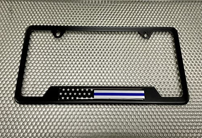 Stainless Steel Matte Black CAR 2-Hole Standard Size - Domed Custom-Made Corrosion-Resistant License Plate Frame with Thin Blue Line USA Flag Design and Free caps - (Qty: 1 Frame) - size: Thin Blue Line U.S. Flag