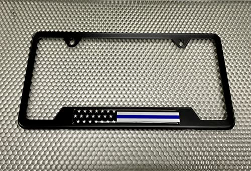 Stainless Steel Matte Black CAR 2-Hole Standard Size - Domed Custom-Made Corrosion-Resistant License Plate Frame with Thin Blue Line USA Flag Design and Free caps - (Qty: 1 Frame) - size: Thin Blue Line U.S. Flag