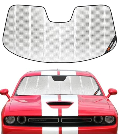 Pigenius Windshield Sun Shade for Dodge Challenger 2015-2023. Reflective Aluminum Film Front Window Sunshade - BLAZBLOCK - color: Shiny Silver, size: 2015-2023 Challenger