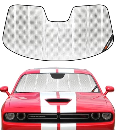 Pigenius Windshield Sun Shade for Dodge Challenger 2015-2023. Reflective Aluminum Film Front Window Sunshade - BLAZBLOCK - color: Shiny Silver, size: 2015-2023 Challenger