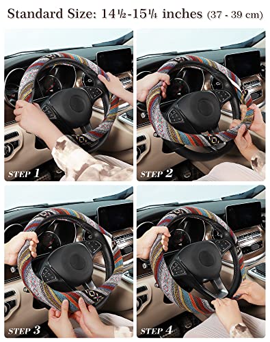 SEG Direct Boho Steering Wheel Cover with Baja Blanket Cloth, Ethnic Style Auto Wheel Cover Made of Coarse Flax, Fits 14 1/2-15 1/4 inches Car Wheel - color: Spinning Rainbow