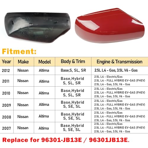 Moonlinks Mirror Cover Replacement Compatible With Nissan Altima 2.5L 2007 2008 2009 2010 2011 2012, Red Right Passenger Side Clip-on Mirror Cap WITHOUT Turn Signal, Replace for 96301-JB13E(Red) - color: Right Red