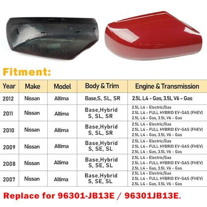 Moonlinks Mirror Cover Replacement Compatible With Nissan Altima 2.5L 2007 2008 2009 2010 2011 2012, Red Right Passenger Side Clip-on Mirror Cap WITHOUT Turn Signal, Replace for 96301-JB13E(Red) - color: Right Red