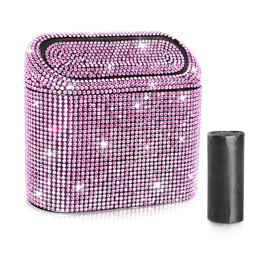 Accmor Bling Car Trash Can with Lid, Vehicle Trash Bin Car Dustbin Garbage Organizer Storage, Sparkling Crystal Mini Auto Trash Bags Holder Container with 30pcs Garbage Bags for Cars, SUV, Truck - color: Black/Pink Rhinestone