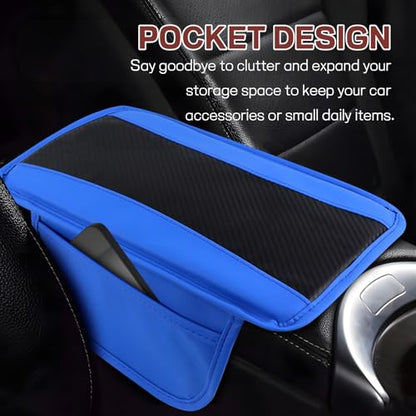 Car Center Console Cover, 12.48"×7.4" Carbon Fiber Leather Auto Armrest Cover, Vehicle Armrest Cushion Pad with Storage Pocket, Universal Arm Rest Protector Car Accessories (Blue) - color: Blue