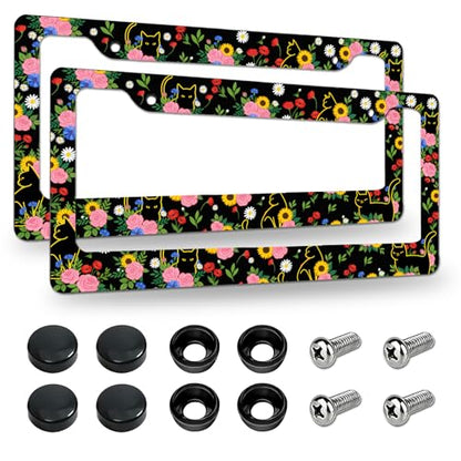 2 Pack License Plate Frames, Flower License Plate Cover, Universal US Stainless Steel License Plate Holder with Screws for Women Men - color: Flower & Cat