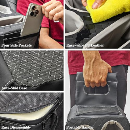 Auto Center Console Cup Holder Organizer, Universal PU Leather Armrest Storage Box with Tissue Holder & Side Pockets, Multi-use for Car Front/Back Seat, Truck, RV, Boat