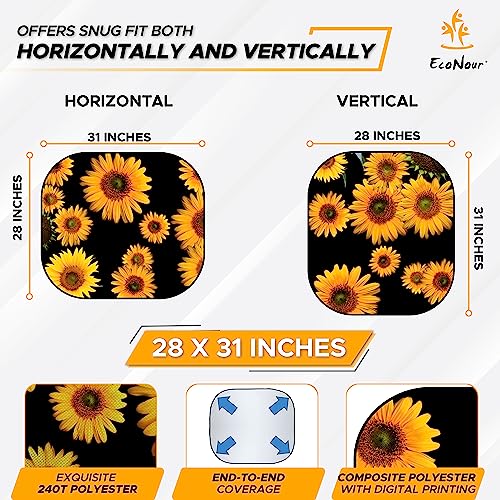 EcoNour Windshield Sun Shade 2 Piece Size (31L x 28W) Inches Medium, Sunflower Car Sunshade Foldable Design, 240T Polyester Front Window UV Protection Heat Block Interior Cover - size: Medium-flower