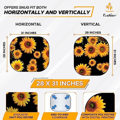EcoNour Windshield Sun Shade 2 Piece Size (31L x 28W) Inches Medium, Sunflower Car Sunshade Foldable Design, 240T Polyester Front Window UV Protection Heat Block Interior Cover - size: Medium-flower