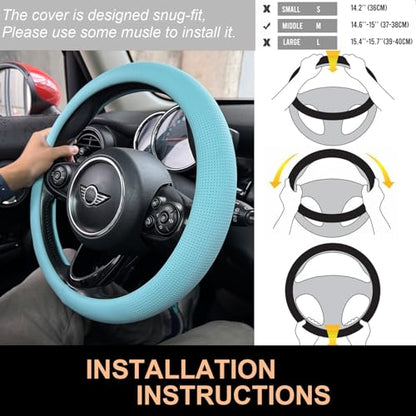 PINCTROT Nappa Leather Steering Wheel Cover, Slim Fit No Bulk Design, One Piece Leather with Breathable Perforation, Fit Like Gloves, Universal 14.5-15 Inch(Nappa Aqua) - color: 10.Aqua, size: Medium(Standard) Size[14 1/2''-15'']