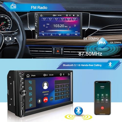 Wireless Double Din Car Stereo Works with Apple Carplay,7 Inch HD 1024 * 600 Touchscreen with Bluetooth 5.1,FM Car Radio,GPS Navigation,Backup Camera,Android Auto,Voice Control,USB/AUX/TF/SWC