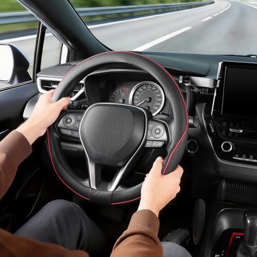 SEG Direct Steering Wheel Cover 14.5-15 inch (37-39 cm) Medium Size, Microfiber Leather, Non-Slip Comfortable Grip, Fits Cars Trucks SUVs, Black and Red - color: Black and Red, size: Standard size[14 1/2''-15'']