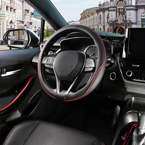 SEG Direct Steering Wheel Cover 14.5-15 inch (37-39 cm) Medium Size, Microfiber Leather, Non-Slip Comfortable Grip, Fits Cars Trucks SUVs, Black and Red - color: Black and Red, size: Standard size[14 1/2''-15'']