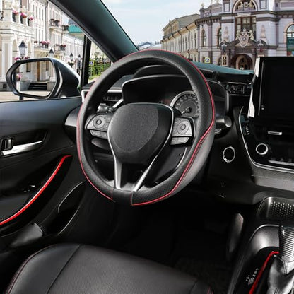 SEG Direct Steering Wheel Cover 14.5-15 inch (37-39 cm) Medium Size, Microfiber Leather, Non-Slip Comfortable Grip, Fits Cars Trucks SUVs, Black and Red - color: Black and Red, size: Standard size[14 1/2''-15'']