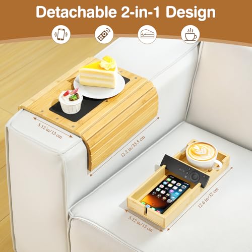 Luxspire Couch Armrest Table, 2-in-1 Magnetic Detachable Sofa Arm Tray with Cup Holder and Phone Holder, Foldable Bamboo Couch Cup Holder for Remote Controls, Phones, Snacks, Cups, Burlywood - color: Burlywood