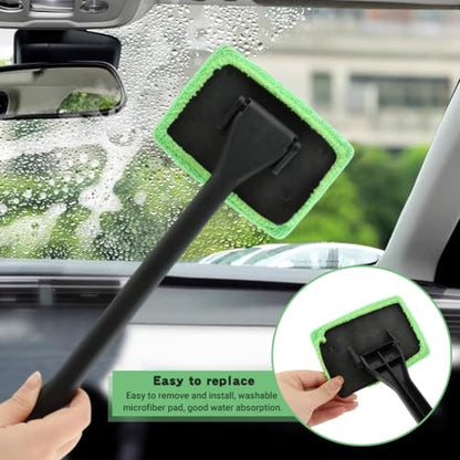 Car Windshield Cleaning Tool, Windshield Cleaner with 5 Reusable Microfiber Pads and Extendable Handle, Auto Glass Wiper Kit for Interior/Exterior Dirty Car Windows(Color:Green)