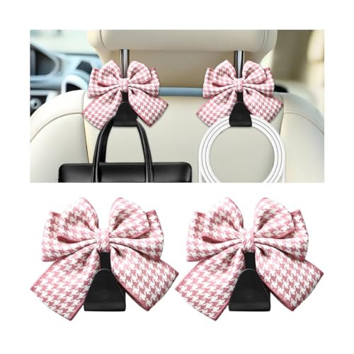 Cute Bow Car Seat Headrest Hooks, 2PCS Multifunctional Vehicle Rear Seat Hanging Hooks, Automotive Interior Seatback Storage Organizer for Purses Bags, Universal Fit (Pink/Houndstooth) - color: Pink/Houndstooth
