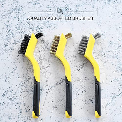 Lavaxon Wire Brush Set 3Pcs - Nylon/Brass/Stainless Steel Bristles with Curved Handle Grip for Rust, Dirt & Paint Scrubbing with Deep Cleaning – 7 Inches (Yellow) - color: Yellow