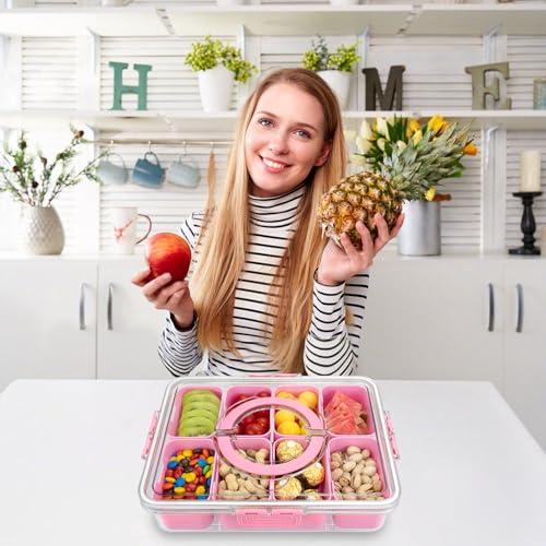 Divided Serving Tray with Lid and Handle, 8 Compartments Snack Box, Portable Platter for Candy Fruits Nuts, Snack Party Entertaining Picnic - color: Pink-new-1
